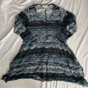 Vintage Kathleen Sommers Sheer Chevron Print Tunic Top Size Small Blue Gray